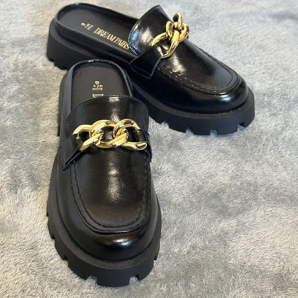 Dream Pairs Black Chunky Lug Sole Penny Mule Loafers Gold Chain Women's 6 NWOB